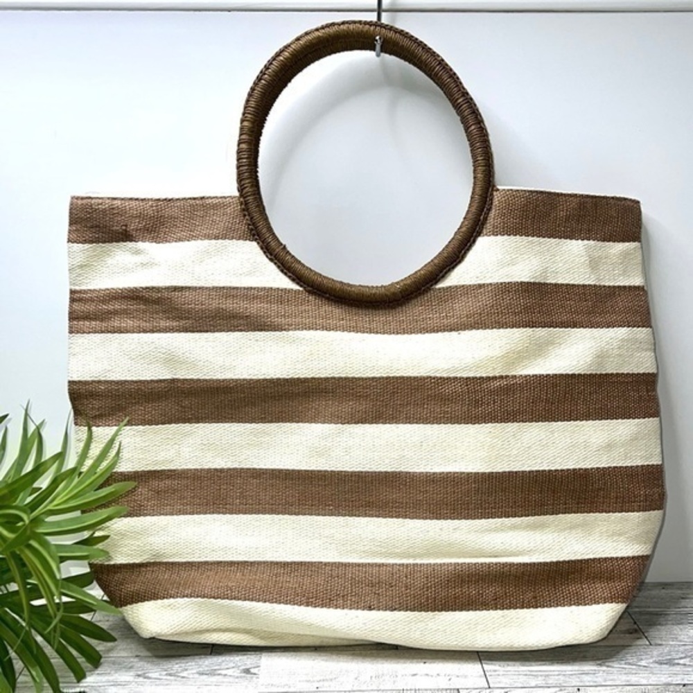 Neiman Marcus Striped Canvas Tote Beach Bag Brown and Cream